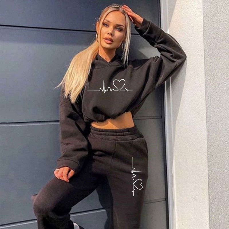 Loose Style Sweater Crop Top Women Two Piece Set 2023 Autumn Winter Fashion Long Sleeve Hooded Sports Casual Tracksuit_voghion.com