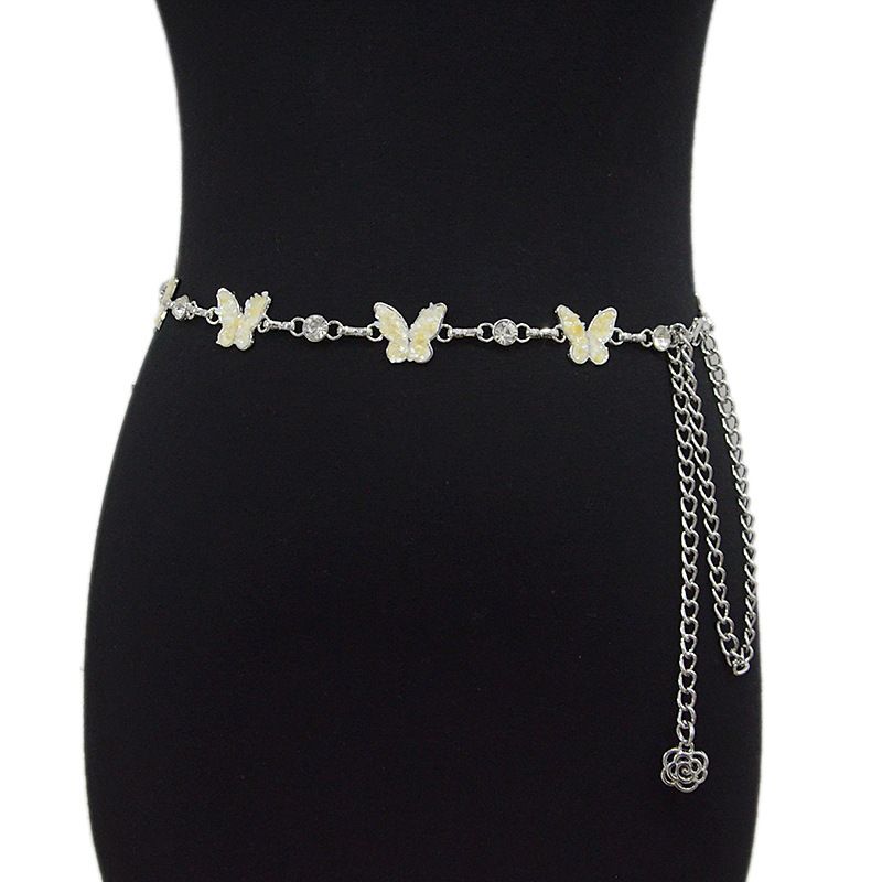 Cinturón con incrustaciones de diamantes, decoración informal de mariposa con cadena de cintura con hebilla de metal para vestido y abrigo de mujer_voghion.com