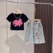 New 3D spray painted graffiti short sleeved colorful denim distressed set for girls in summer, children's stylish wide_voghion.com