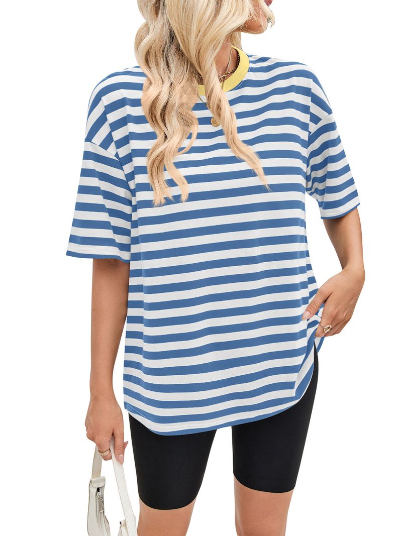 Maglietta estiva da donna, ampia e casual, a righe, con scollo rotondo e maniche a cinque punte, abbinata ai colori_voghion.com