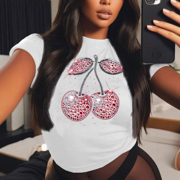 T-shirt a maniche corte slim fit da donna con stampa di ciliegie - Top corto con scollo tondo per la moda estiva_voghion.com