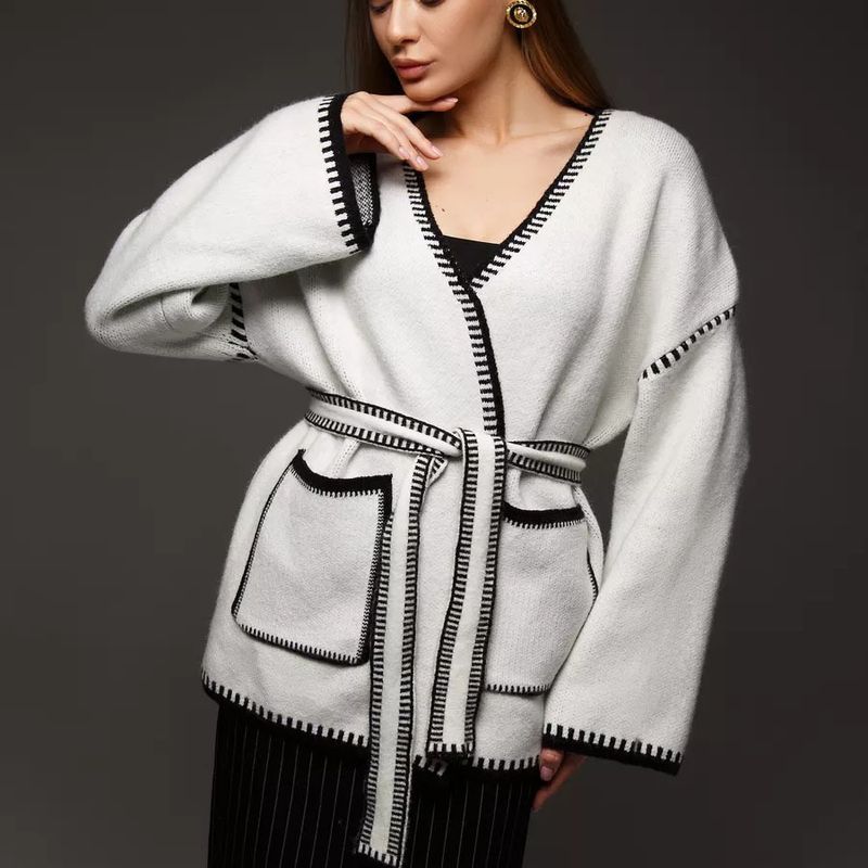 Cardigan in maglia con lacci, maglione medio e lungo a contrasto_voghion.com