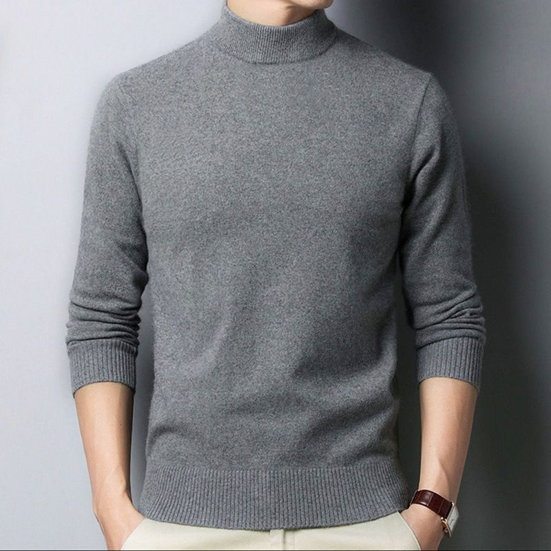Herrenbekleidung 2024 Herbst- und Winterpullover für Männer, verdickter Halbrollkragenpullover mittleren Alters, einfarbig gestrickter Rugby-Wollpullover_voghion.com