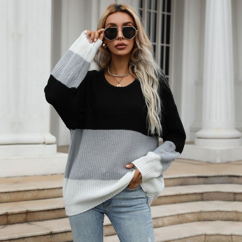 Women's clothing independent station autumn and winter new products thin loose color block round neck pullover sweater for women_voghion.com