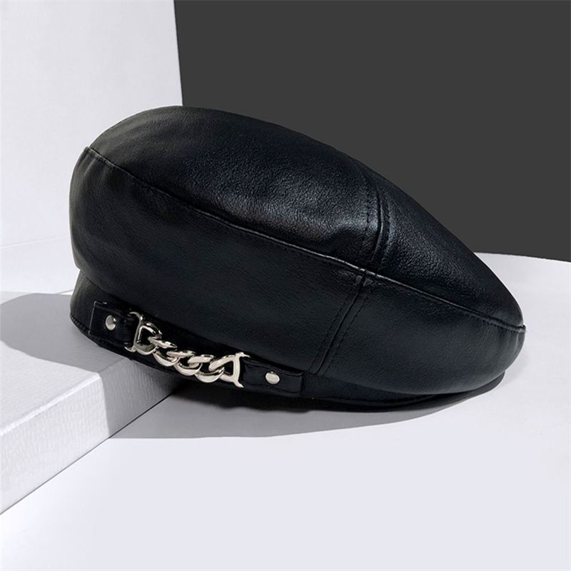 Recién llegados, boina de PU para mujer, gorro de invierno de artista francés, gorro de pintor con parte superior plana y cadena de metal, gorras de cuero elegantes y sólidas para mujer_voghion.com