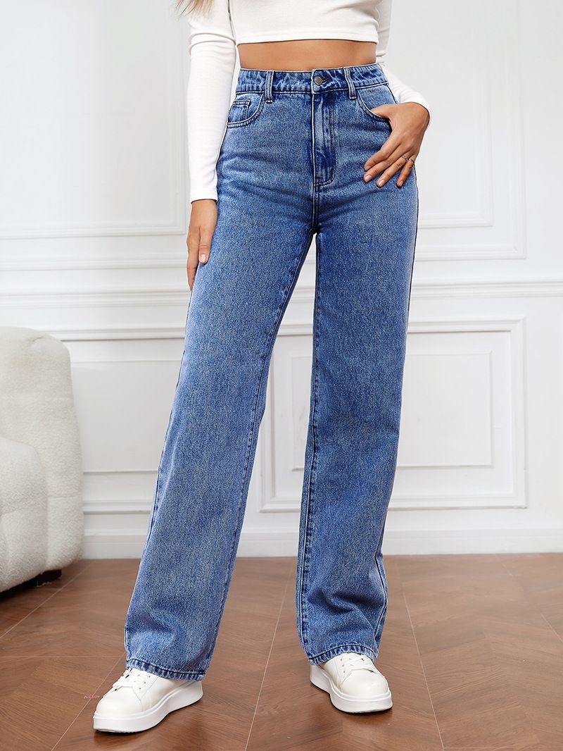 Damskie proste spodnie jeansowe ze spranego, rozciągliwego denimu_voghion.com