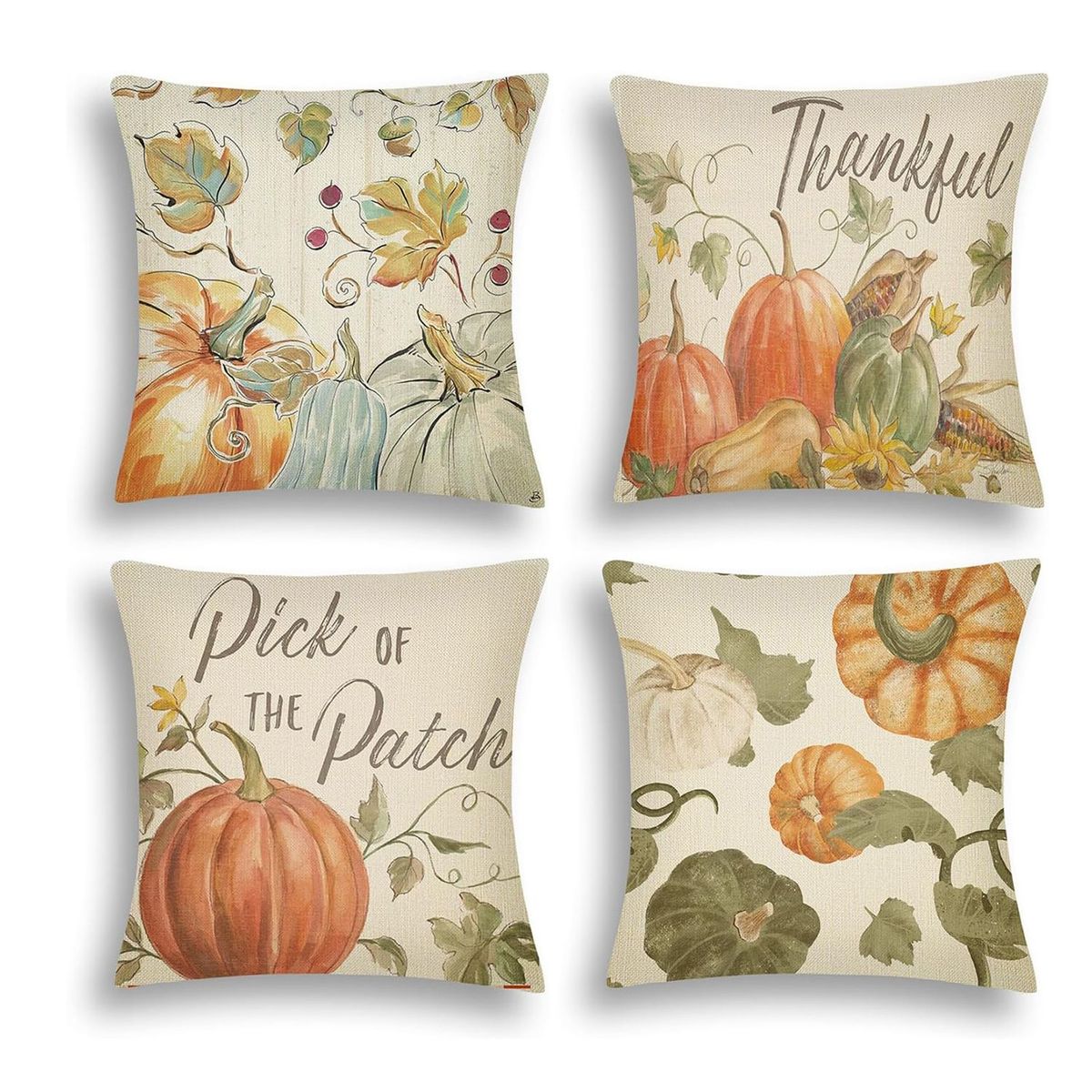 4Pcs Fall Pillow Covers Pumpkin Pick Of The Patch Thankful Pattern Autumn Throw Pillow Covers Thanksgiving Watercolour Farmhouse Pillowcase For Home Sofa Couch_voghion.com