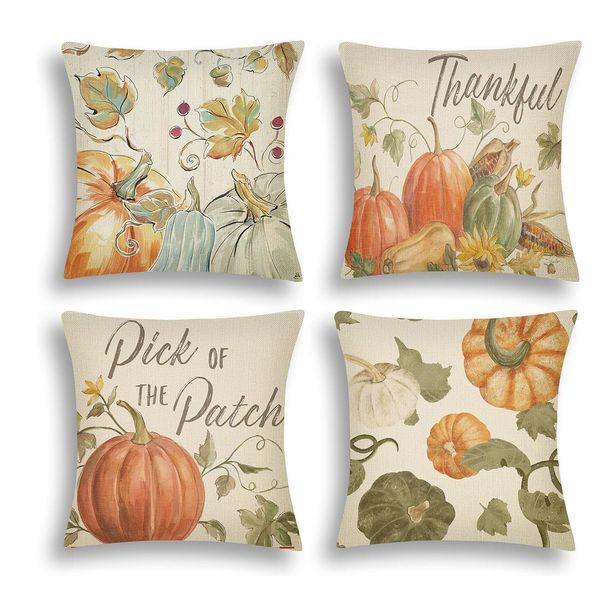4Pcs Fall Pillow Covers Pumpkin Pick Of The Patch Thankful Pattern Autumn Throw Pillow Covers Thanksgiving Watercolour Farmhouse Pillowcase For Home Sofa Couch_voghion.com