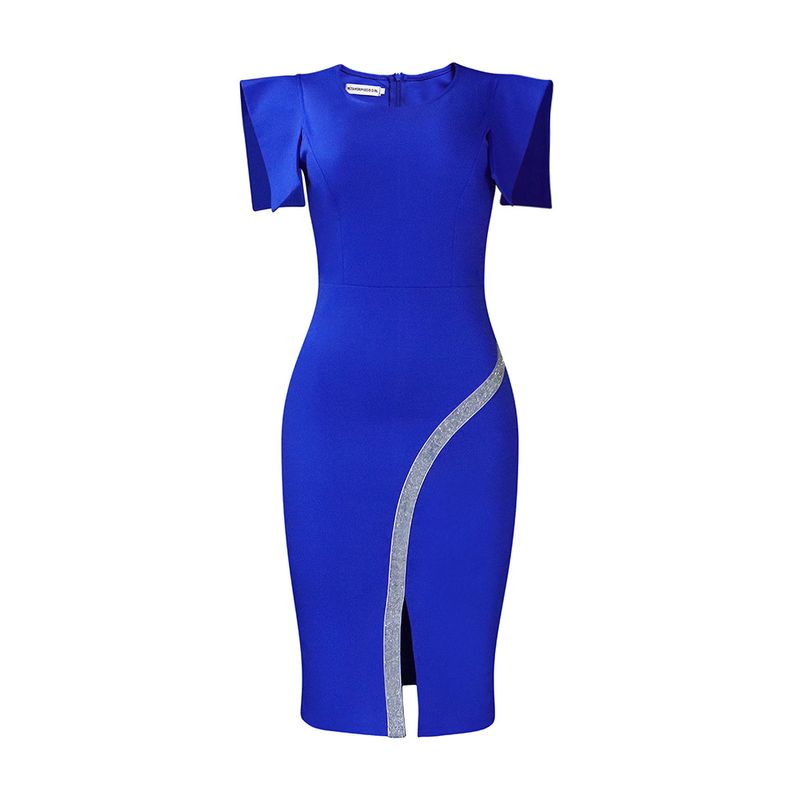 women's clothing short-sleeved bag hip tight-fitting temperament dress with slits and bright edges_voghion.com