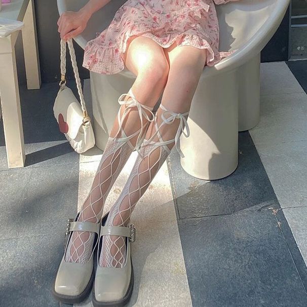 Calzini a rete in pizzo JK con fiocco Lolita per donna, estivi, a metà polpaccio, traforati_voghion.com