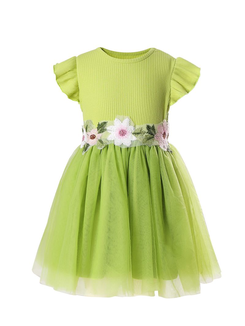 Vêtements pour enfants, robe de princesse pour filles, nouveau style d'été, manches volantées, taille basse, une rangée de fleurs, robe en maille_voghion.com
