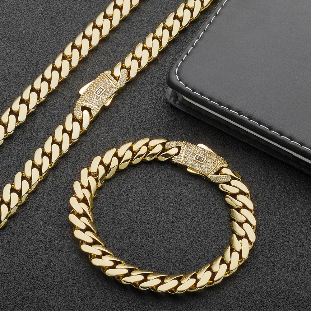 Gioielli da uomo e da donna - Set di bracciale e catena a maglie cubane hip hop, rame placcato oro con zirconi, eleganti accessori unisex per un look alla moda_voghion.com