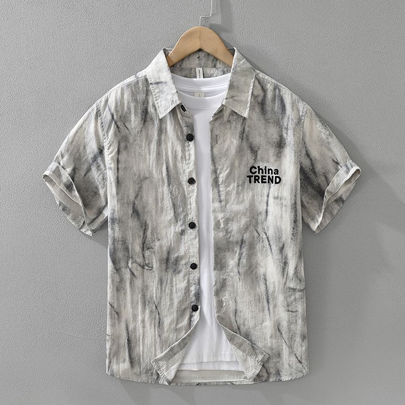 Camicia a maniche corte da uomo retrò, alla moda e versatile, artistica e casual, ampia e traspirante._voghion.com