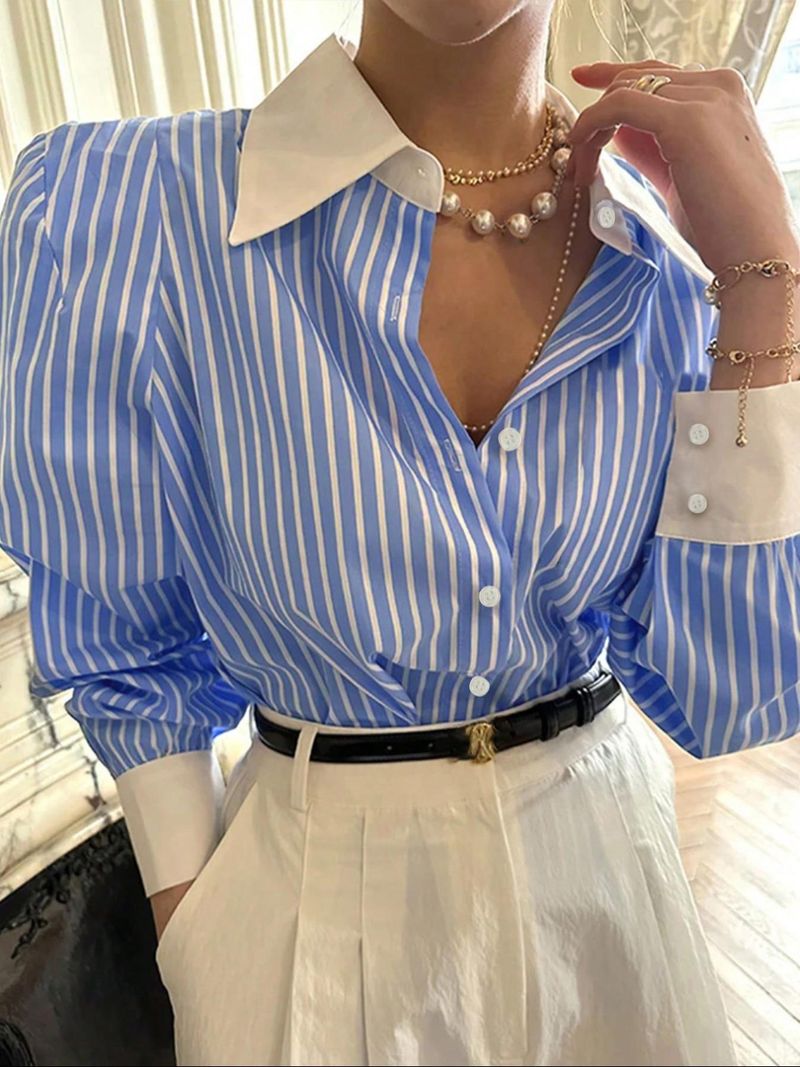 Women's Clothing Striped Patchwork Shirt Loose Casual Lapel Outerwear Shirt_voghion.com