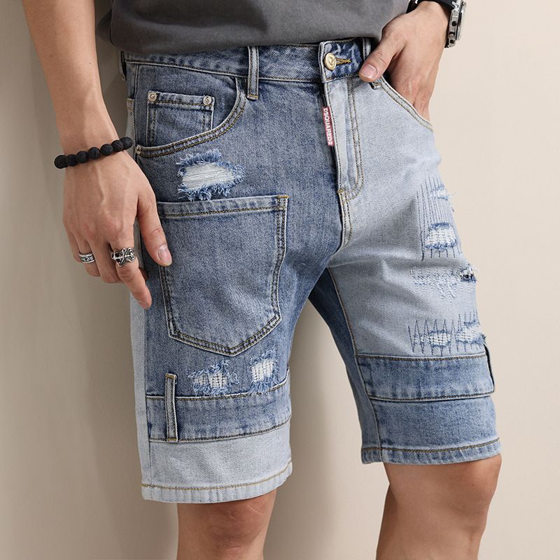 22 New DSQ Trendy Men's Patch Denim Shorts and Middle Pants Men's Wear Misalignment Asymmetric Multi Pocket Contrast Art Men's_voghion.com