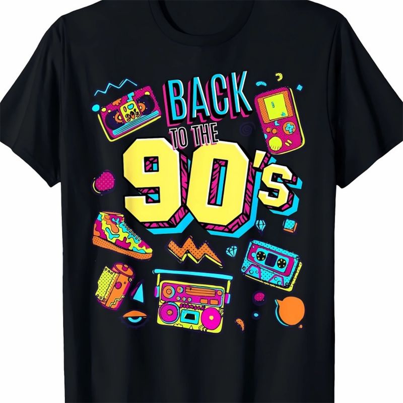 Retro-T-Shirt mit 90er-Grafik für Jugendliche und Erwachsene, weiche Baumwolle, lässiges T-Shirt mit Rundhalsausschnitt und geometrischem Design._voghion.com