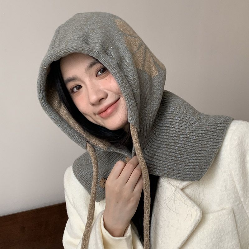 Balaclava Hat Women Autumn And Winter Hat Scarf Integrated Cycling Button Warm Ear Protection Knitted Wool Hat_voghion.com