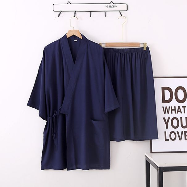 Pyjama Miesten ohuet kesäiset lyhythihaiset rayon-shortsit, puuvillaa ja silkkiä, japanilainen yksivärinen kimono-luksuspuku_voghion.com