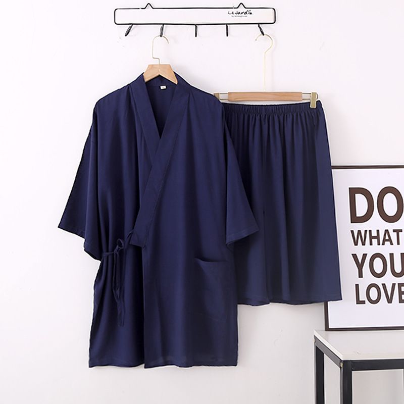 Pajamas Men's rayon thin summer short-sleeved shorts cotton and silk loungewear Japanese solid color kimono luxury suit_voghion.com