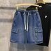 Trendy Men's Casual Workwear Denim Shorts, Summer Multi Mouth Bag, Elastic Waist, Work Wear Capris_voghion.com