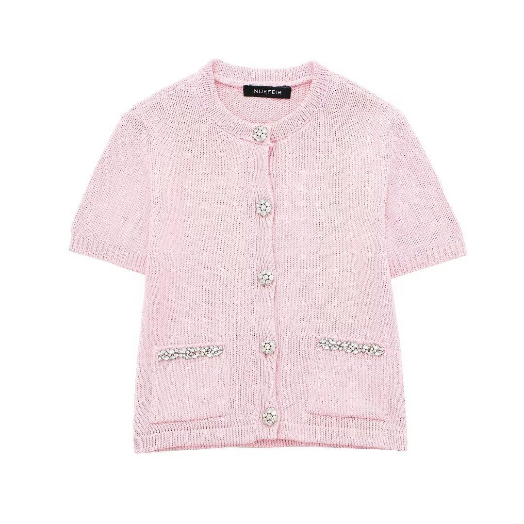 Women's 2024 Summer New Water Diamond Plain Knitted Cardigan_voghion.com