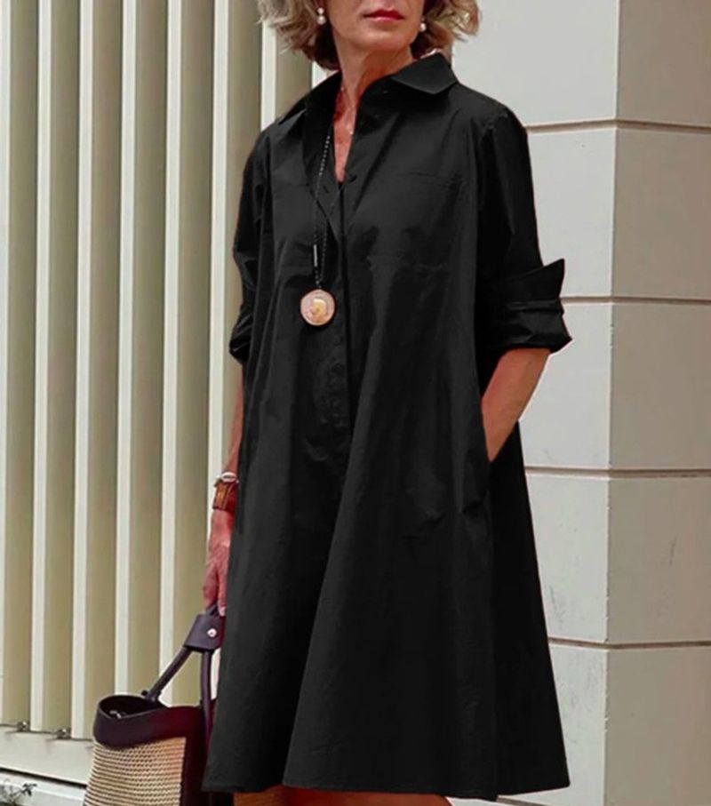 Women's temperament polka dot print shirt collar long-sleeved dress_voghion.com