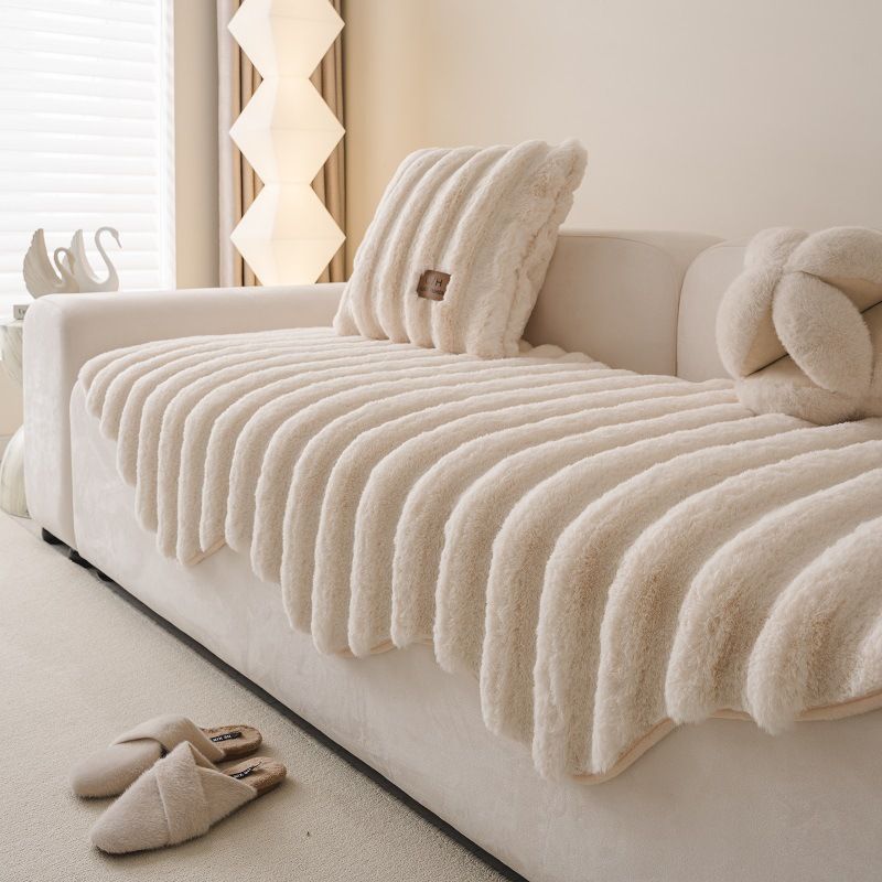 2024 New Vertical Striped Rabbit Fur Winter Plush Non-Slip Sofa Seat Cushion Cover Wave Hem_voghion.com