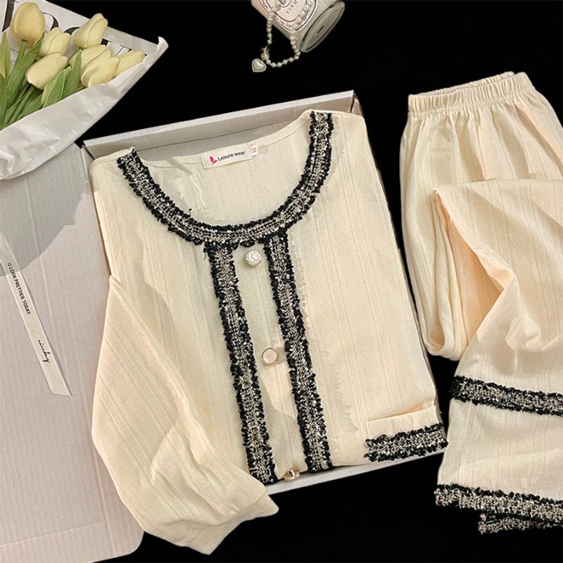 Spring and Autumn New Jacquard Cotton Pajamas Women's Small Fragrant Sleeve Long Pants Two Piece Sweet Style Home_voghion.com