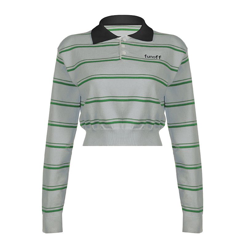 Maglione a righe color block con colletto polo in stile college americano, da donna, autunno, vestibilità attillata, corto, lavorato a maglia, a maniche lunghe_voghion.com