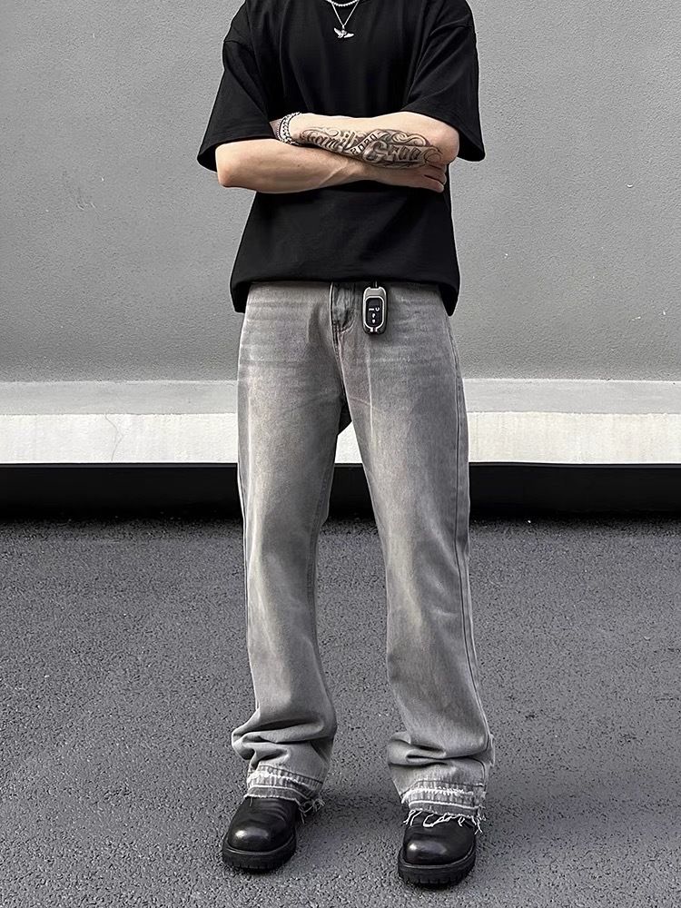 Men's Clothing High Street Washed Gray Straight Tube Slightly Flared Cleanfit Pants Trendy_voghion.com