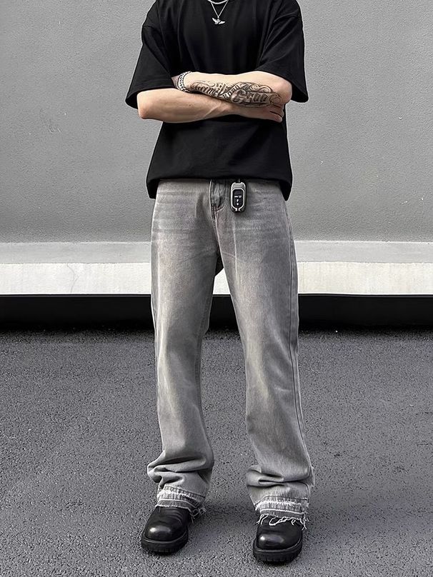 Men's Clothing High Street Washed Gray Straight Tube Slightly Flared Cleanfit Pants Trendy_voghion.com