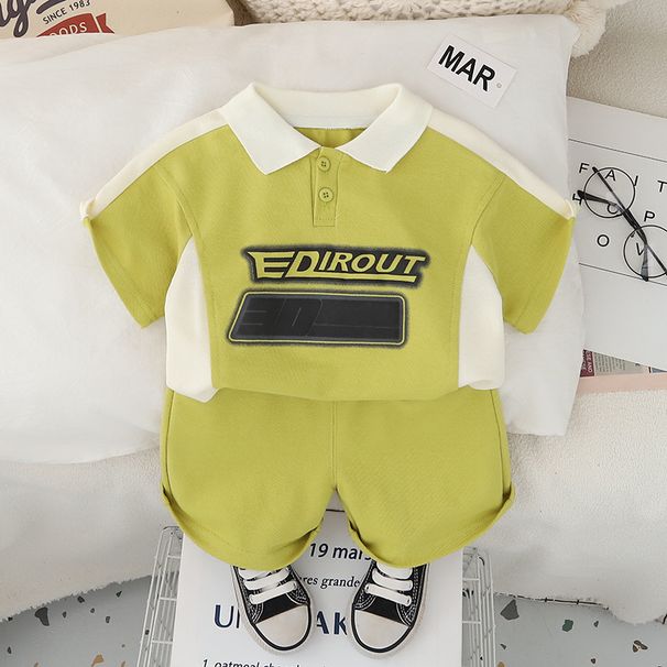 Kinderkleidung Sommeranzug Modischer Buchstabenknopf Farblich passender Kurzarm-Zweiteiler für Jungen und Babys_voghion.com