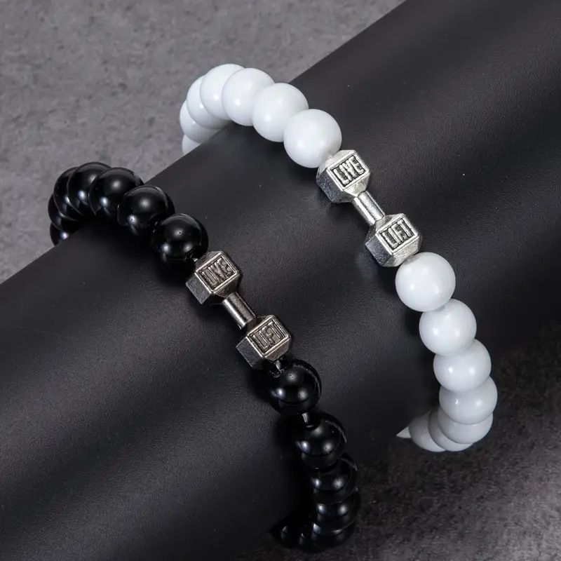 Accessories Silver Elastic Glossy Black Alloy Men's Dumbbell Beaded Crown Set Bracelet_voghion.com