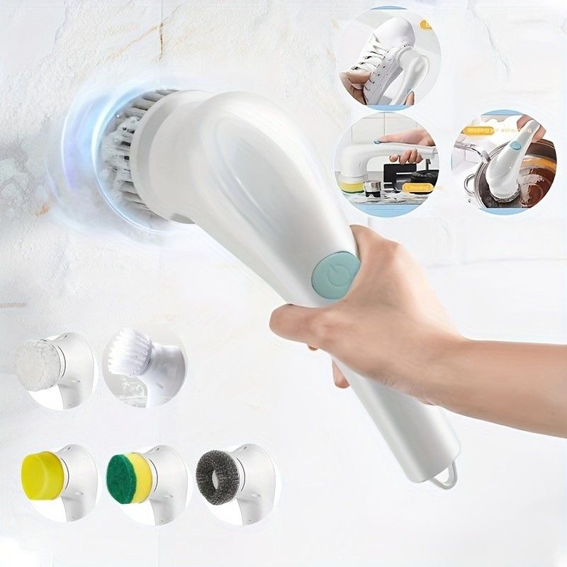 7pcs Electric Spin Scrubber: Effortless Cleaning With 5 Replaceable Brush Heads, USB Rechargeable 360°Power Scrubber Mop For Wall Bathtub_voghion.com