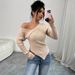 Women's Off-Shoulder Sweater - Trendy Irregular Hem V-Neck Pullover (S-L, Apricot)_voghion.com