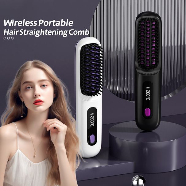 new LCD USB charging ceramic heating electric comb hair straightener wireless portable mini straight hair comb_voghion.com