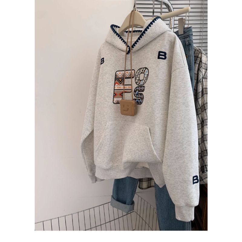 Women's Clothing Gray Straight Shoulder Hooded Pullover Sweatshirt For Women Spring And Autumn Autumn And Winter Hoodie Loose Lazy Style With Hood_voghion.com