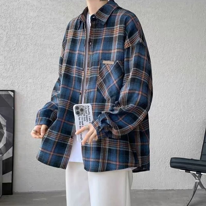 Checkered Casual Versatile Long Sleeved Shirt, Fashionable Trend, Simple Retro Loose Couple Shirt_voghion.com