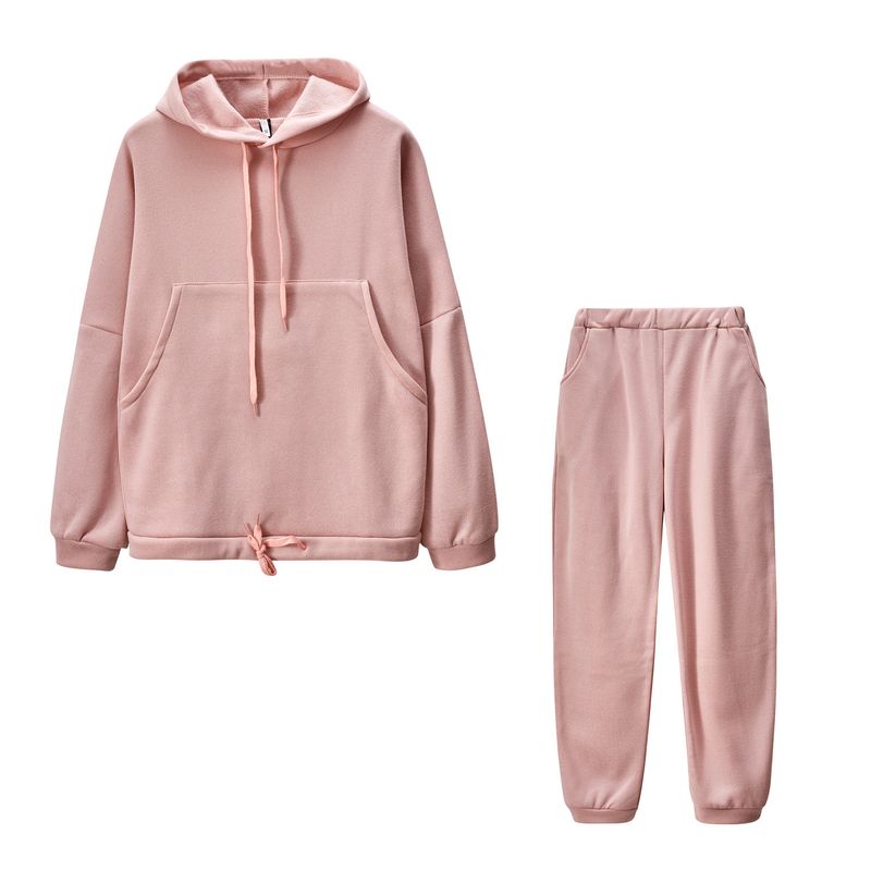 Damenmode große Tasche einfarbig Kapuzenpullover Hose lässig zweiteiliger Anzug_voghion.com