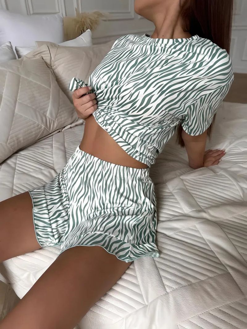 Damen-Nachtwäsche-Set, modisch und schlicht, Zebrastreifen, lockere Kurzarm-Shorts, Heimkleidung_voghion.com