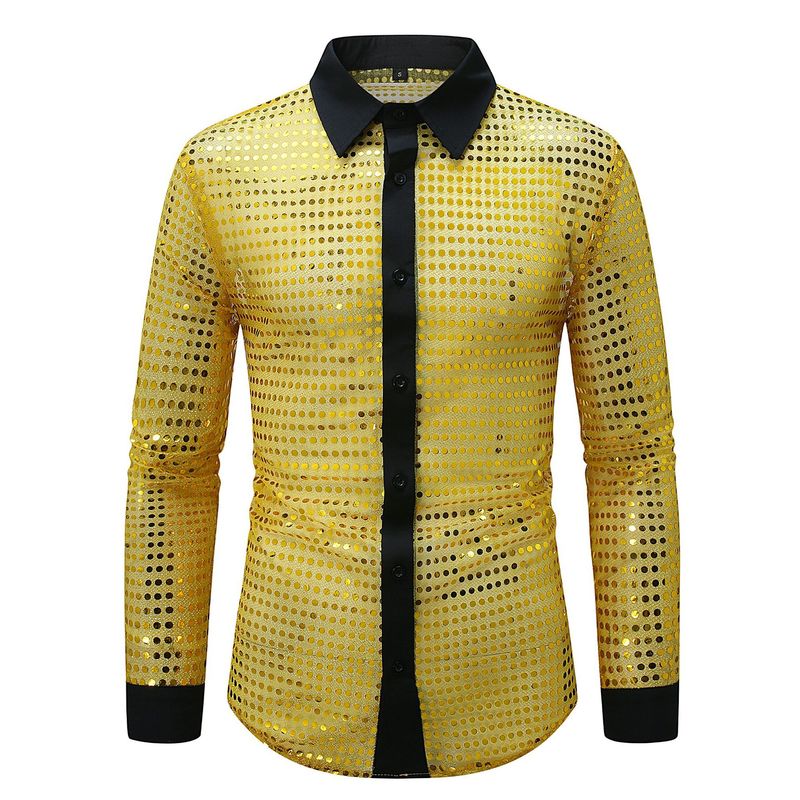 Herrenbekleidung Herren Performance Kostüm Pailletten Design Herren Langarm Revers Hemd_voghion.com