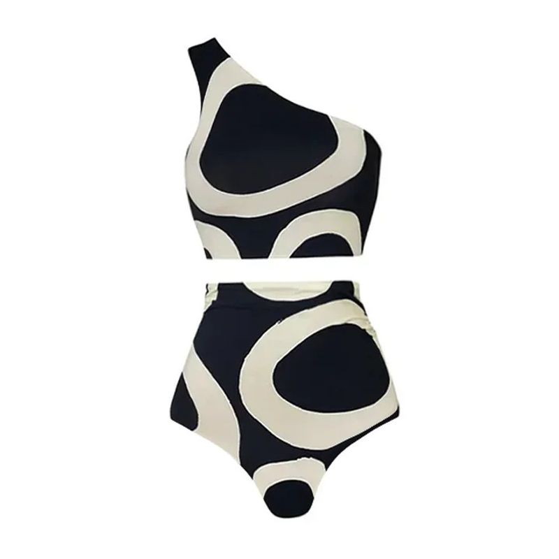 women's  one-shoulder high-waist bikini color matching  split swimsuit women's bikini cross-border_voghion.com