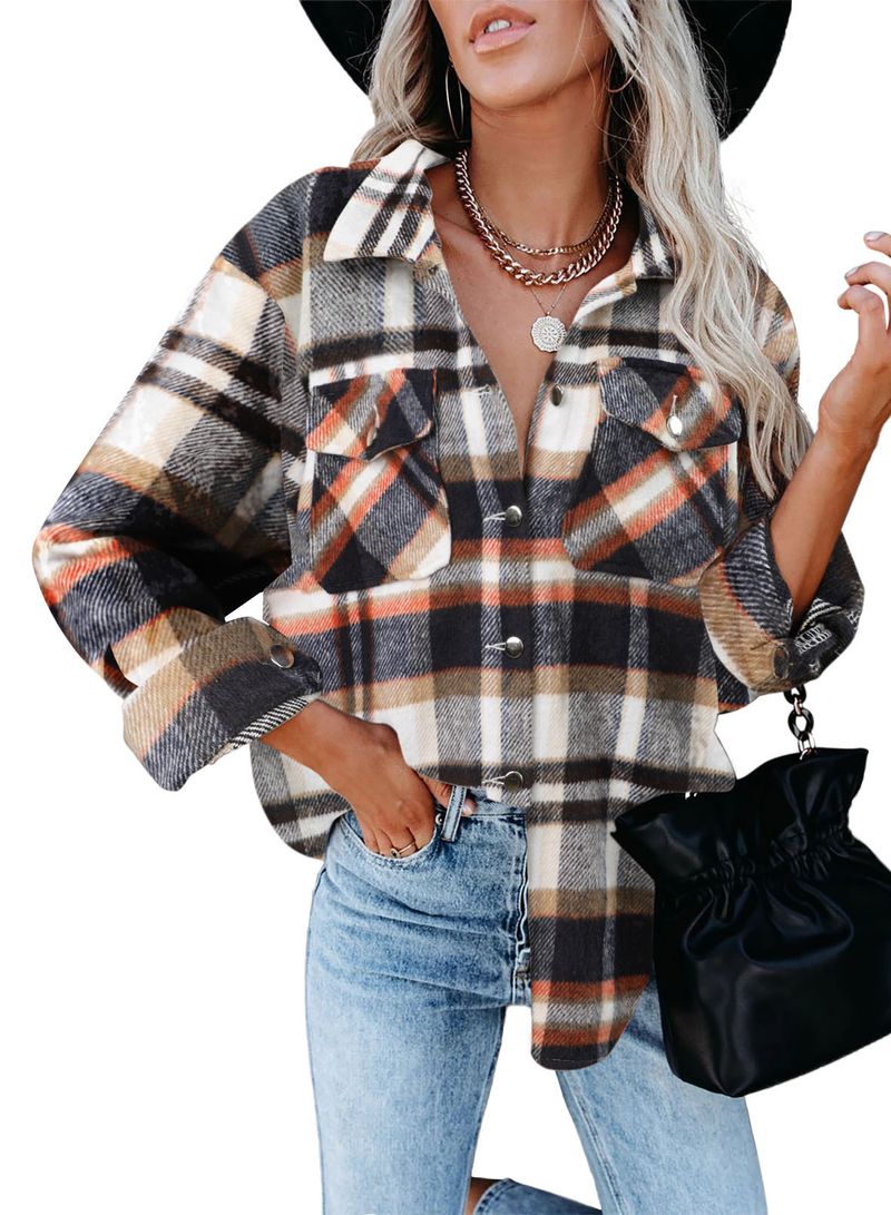 Karierte Damenhemden, Damen-Freizeithemden aus Wolle mit Taschen, Damen_voghion.com