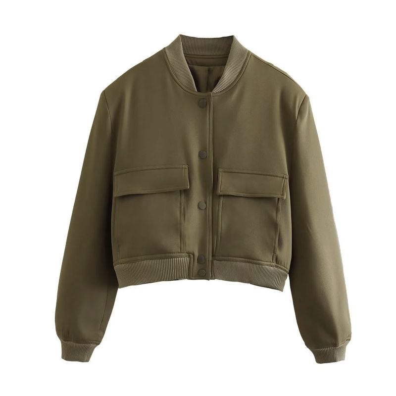Women's Clothing new style stand up collar double pocket solid color motorcycle pilot jacket coat tops _voghion.com