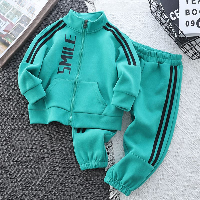 Mother&Kids Children's sports suit striped boy hipster letter zipper splicing children's two-piece set_voghion.com