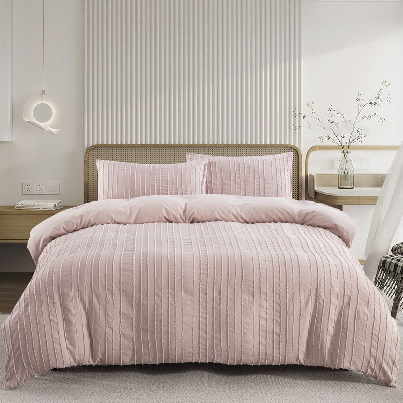 Soft Fiber Embroidered Tufts In Flower Striped Pink Vertical Striped Quilt Cover Duvet Cover Home Textile Bedding Three Piece Set_voghion.com