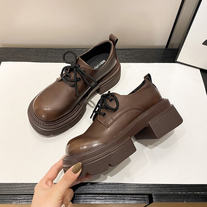 2024 New British style thickened leather muffin bottom polished colorful front lace-up single shoes small size_voghion.com