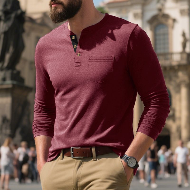 Maglietta da uomo a maniche lunghe con scollo a V – Top casual traspirante con scollo rotondo in colori classici_voghion.com