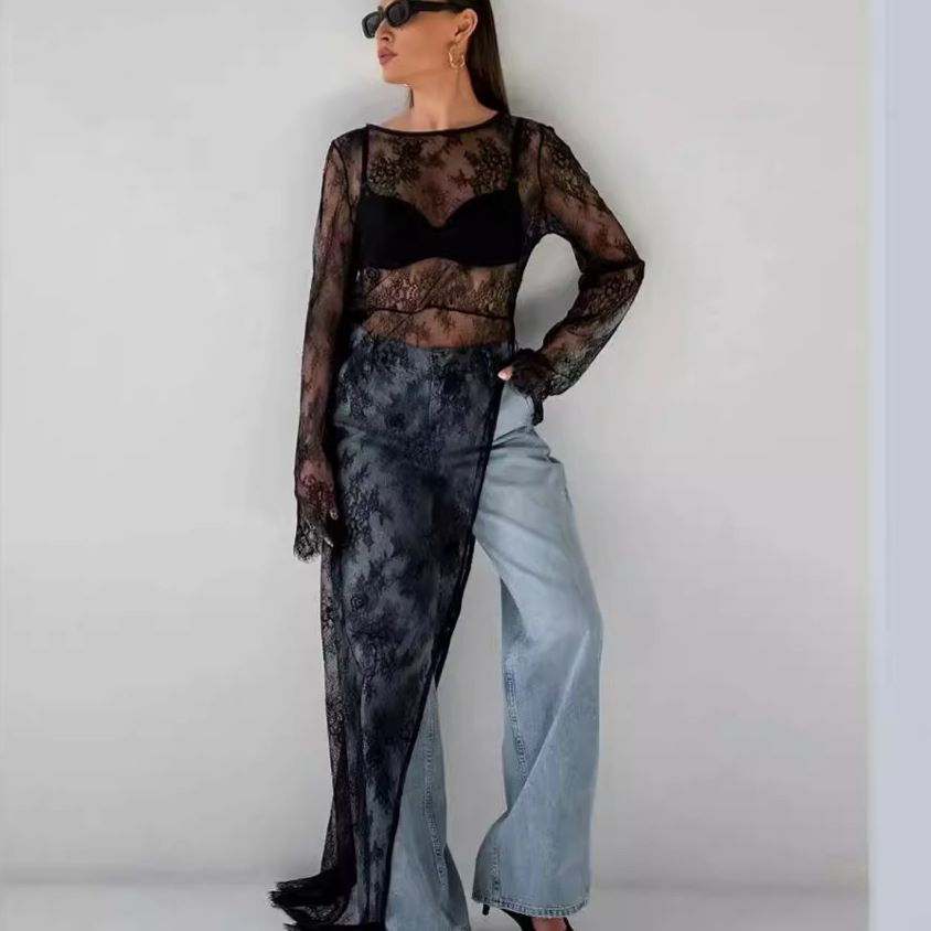 Nero Verde Seta Poliestere Più Floreale Manica Lunga Collo Collo Mini Autunno Inverno Fine Cravatta Bottone Solido Traspirante Indumento_voghion.com