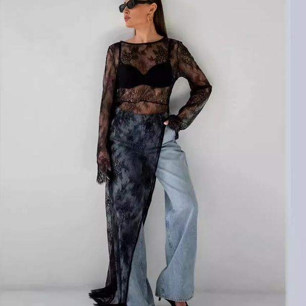 Nero Verde Seta Poliestere Più Floreale Manica Lunga Collo Collo Mini Autunno Inverno Fine Cravatta Bottone Solido Traspirante Indumento_voghion.com